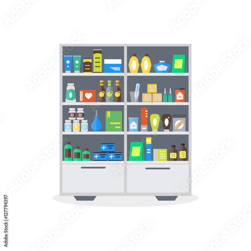 Pharmacy Showcase or Shop Shelves. Vector