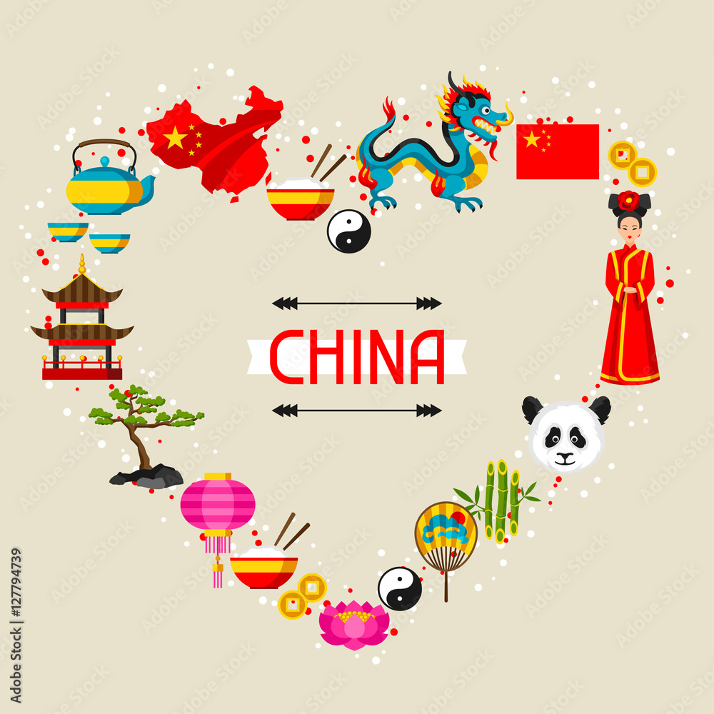 Fototapeta premium China background design. Chinese symbols and objects