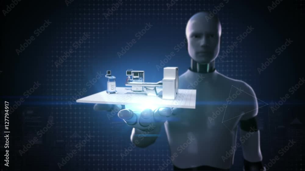 Robot cyborg open palm, Hospital MRI scanner, operation medical technology. Remote diagnostic technology. no wall Robot cyborg open palm, Hospital MRI scanner, operation medical technology. Remote diagnostic technology. no wall
