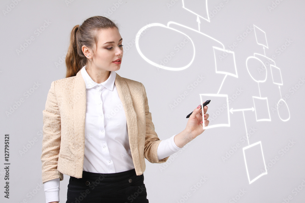 Woman drawing flowchart, business process concept