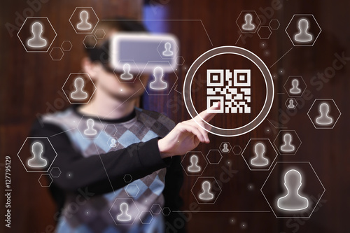 Businessman touch button qr code barcode product in virtual reality device VR photo