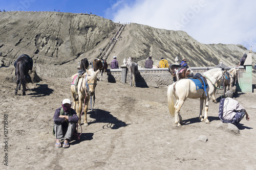 Landscape Man ride a horse go to Bromo volcano while eruption, Java, Indonesia,soft focus and motion blur photo