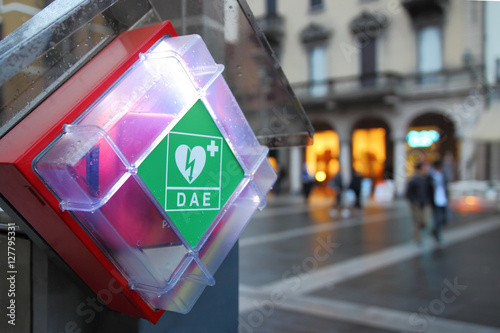 Station of an automated external defibrillator (AED) in an Italian town (Lecco) photo