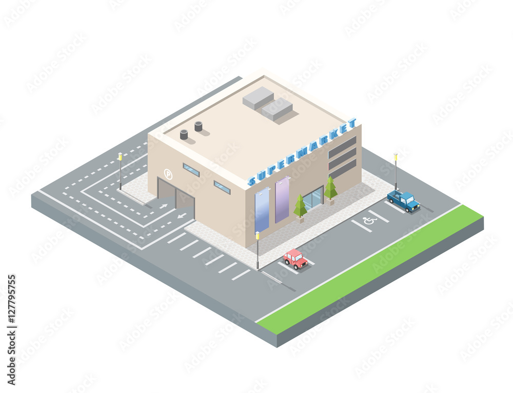Vector isometric supermarket with car parking. Vector isometric supermarket with car parking.