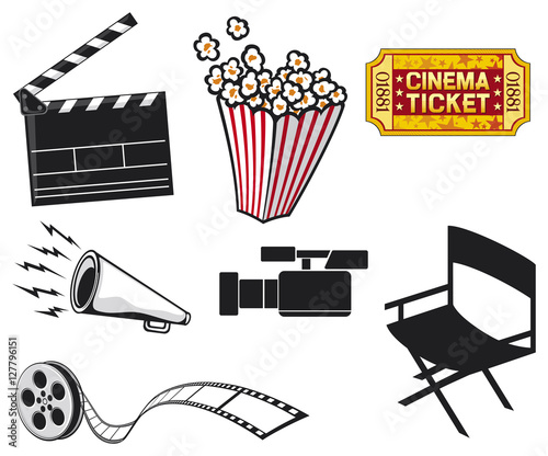 cinema icons (projector and film strip, popcorn in a striped tub, movie clapper board, video camera, ticket, director chair)