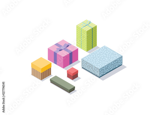 Vector isometric set of colorful gift boxes, 3D flat design present.