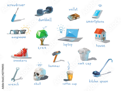 Vector polygonal set of different subjects, work end home devices.