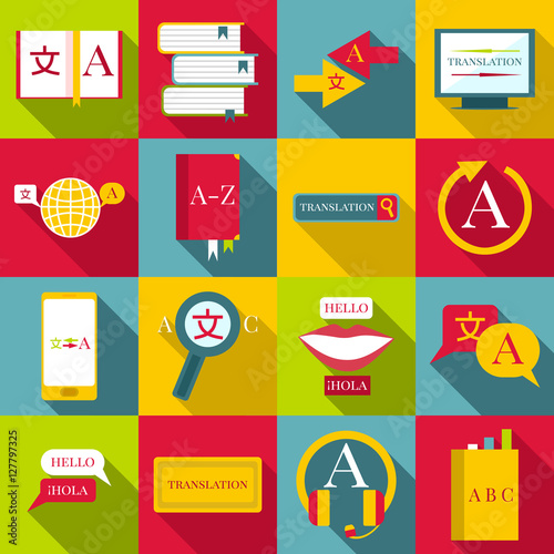 Translator profession icons set. Flat illustration of 16 translator profession vector icons for web