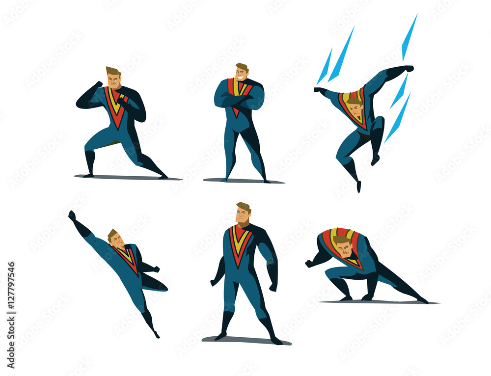 Vector illustration set of Superhero actions, different poses. Stock ...