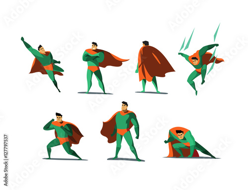 Vector illustration set of Superhero actions, different poses.