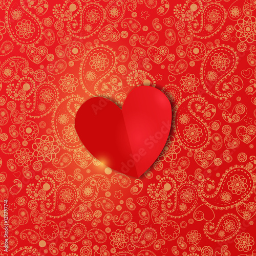 Valentine s Day background with paper heart on a beautiful red paisley pattern. Vector Romantic Valentine. Seamless wallpaper