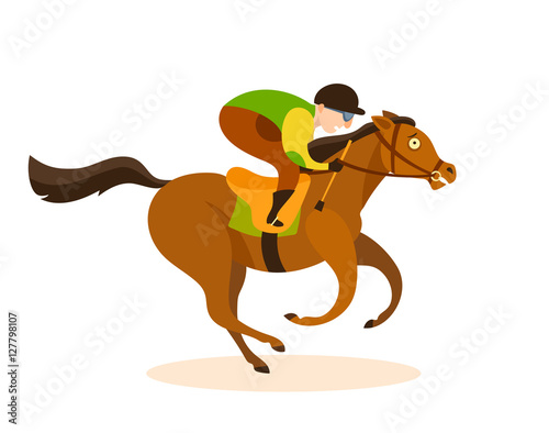 Vector cartun caricature jockey with pop eyed running horse