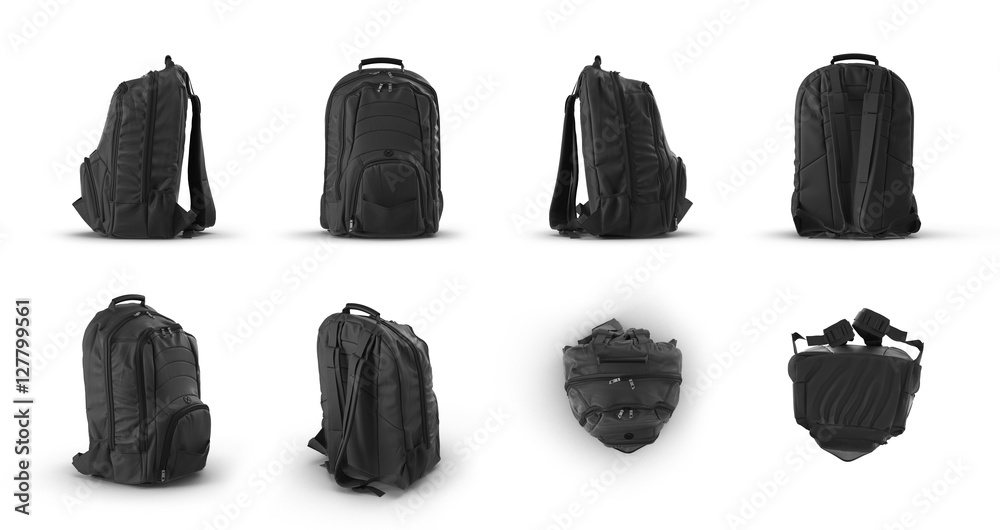 School backpack, renders set from different angles on a white. 3D illustration - obrazy, fototapety, plakaty 