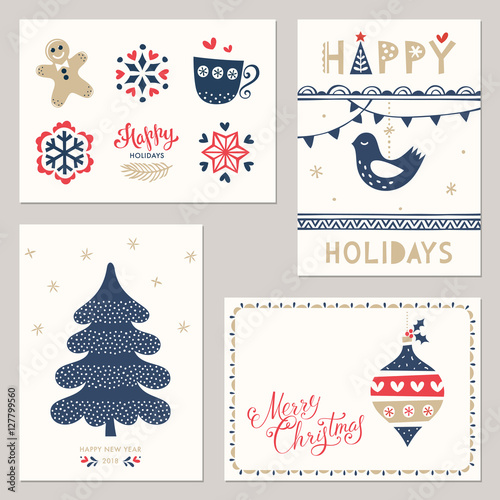 Merry Christmas and Happy New Year greeting cards. Vector illustration.