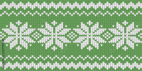 Knitted green seamless  scandinavian Christmas pattern with snowflakes