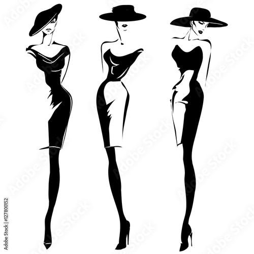 Black and white retro fashion models set in sketch style. Hand drawn vector