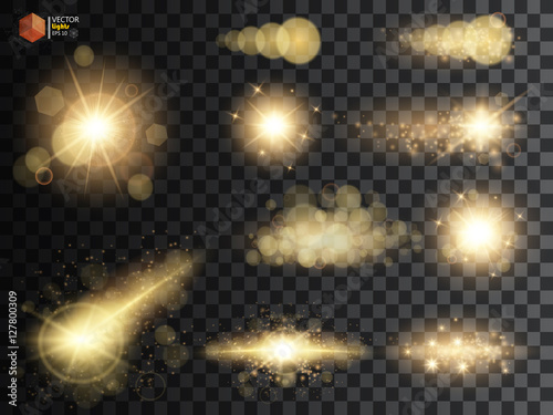 Golden glitter bokeh lights and sparkles. Shining star, sun particles  sparks with lens flare effect on transparent background