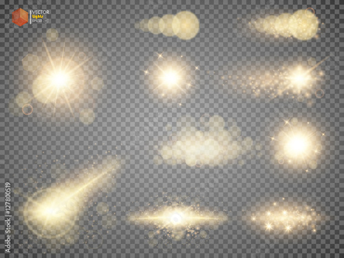 Golden glitter bokeh lights and sparkles. Shining star, sun particles sparks with lens flare effect on transparent background