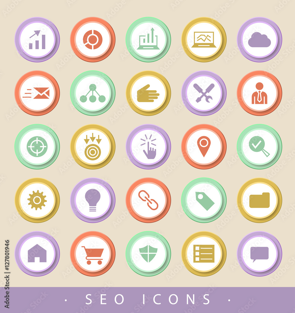 Set of Business and SEO Icons on Colored Buttons. Vector Isolated Elements. Set of Business and SEO Icons on Colored Buttons. Vector Isolated Elements.