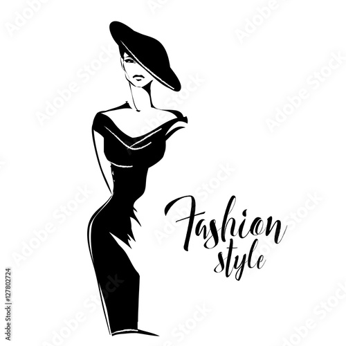 Black and white retro fashion model in sketch style. Hand drawn vector