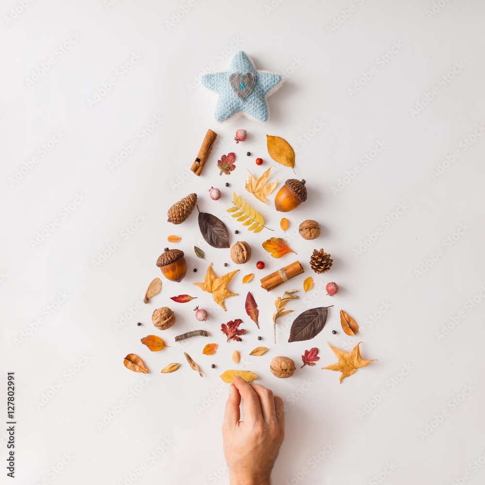 Christmas tree made of various autumn leaves and fruits.