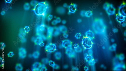 Abstract colorful defocused cells. Abstract microscopic forms on a dark background. Scientific illustration. Luminous