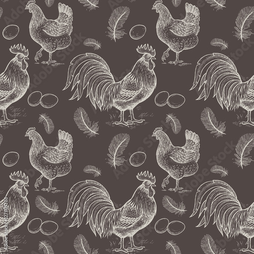 Seamless pattern with chickens and roosters.