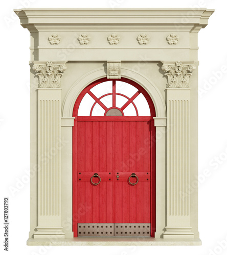 Front view of a classic arch with red door photo