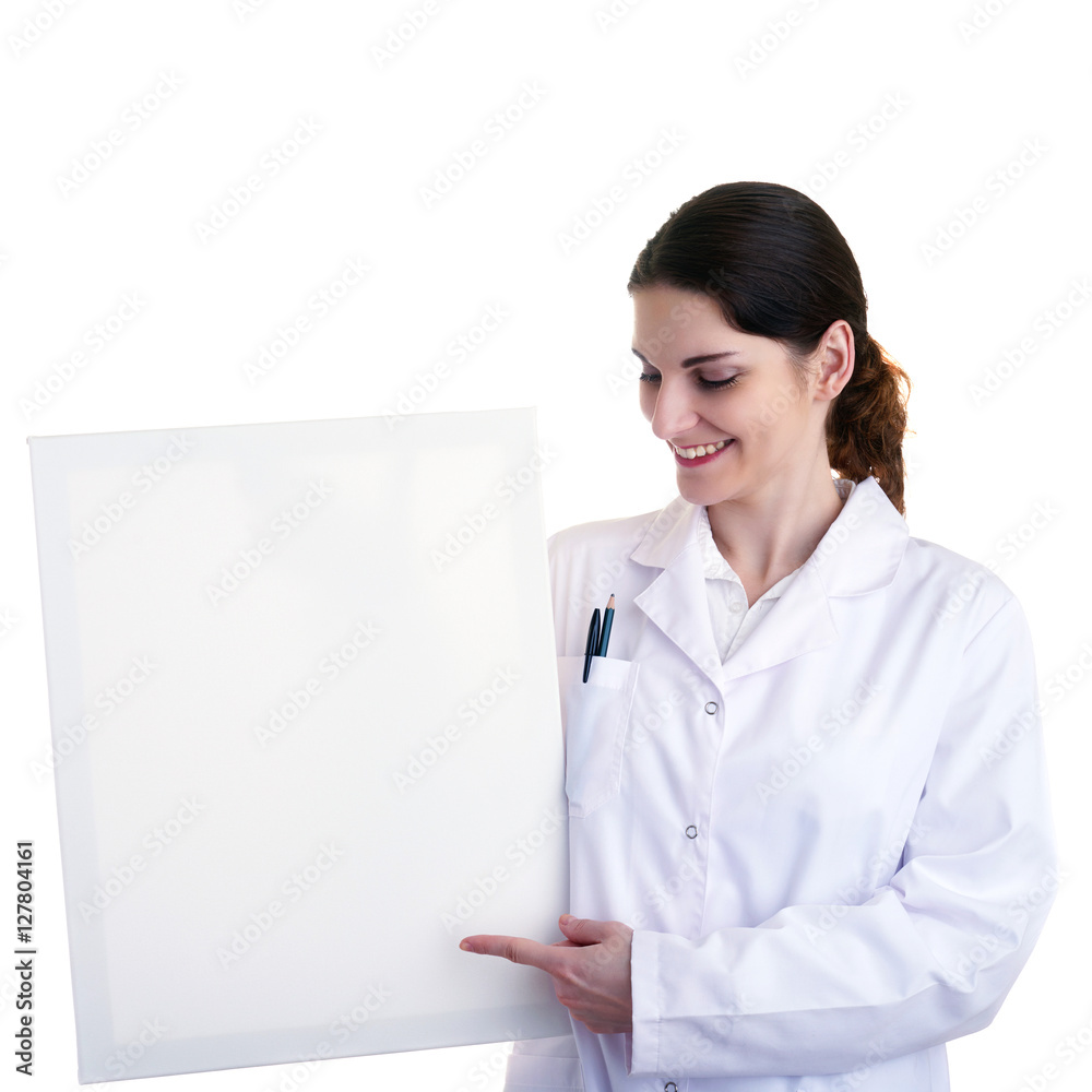 Female doctor assistant scientist in white coat over isolated background Female doctor assistant scientist in white coat over isolated background