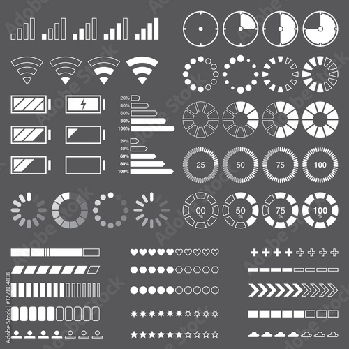 Pre-loader battery indicator collection in black and white. Set of modern preloaders for animation design.