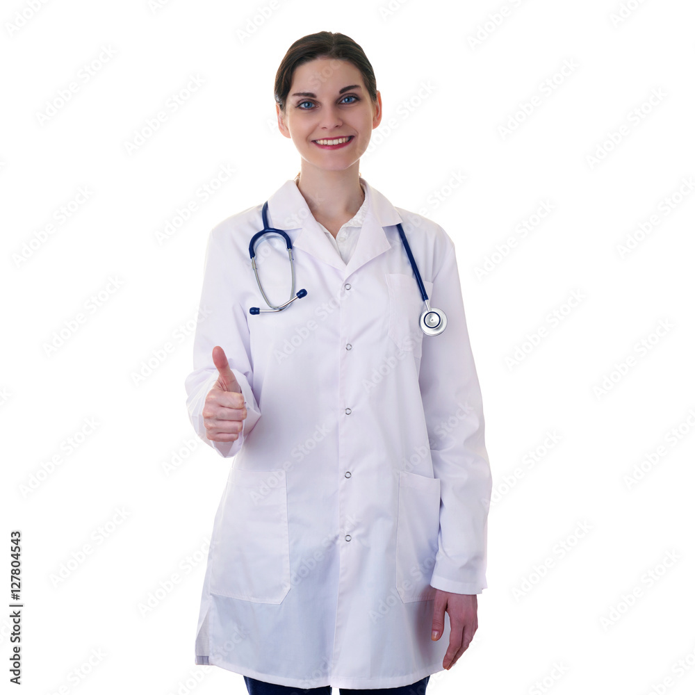 Female doctor assistant scientist in white coat over isolated background Female doctor assistant scientist in white coat over isolated background