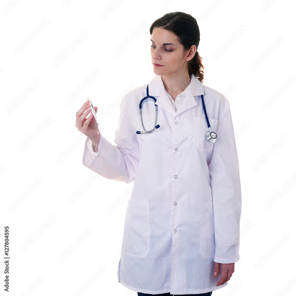 Female doctor assistant scientist in white coat over isolated background Female doctor assistant scientist in white coat over isolated background