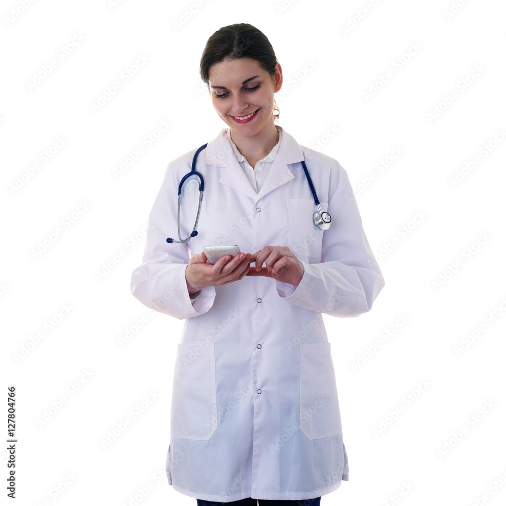 Female doctor assistant scientist in white coat over isolated background Female doctor assistant scientist in white coat over isolated background