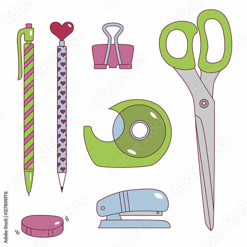 A set of stationery on a white background in cartoon style.
