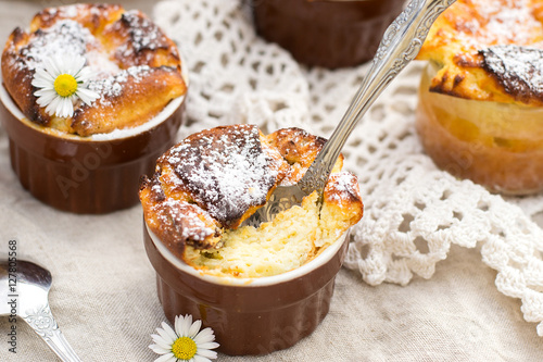 Sweet cottage cheese souffle with raisins for dessert