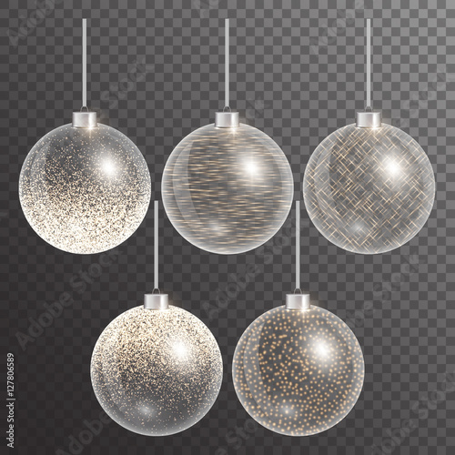Christmas decoration. New year ball.  Gold lights. Set solemn decor. Vector illustration of a transparent backdrop.
