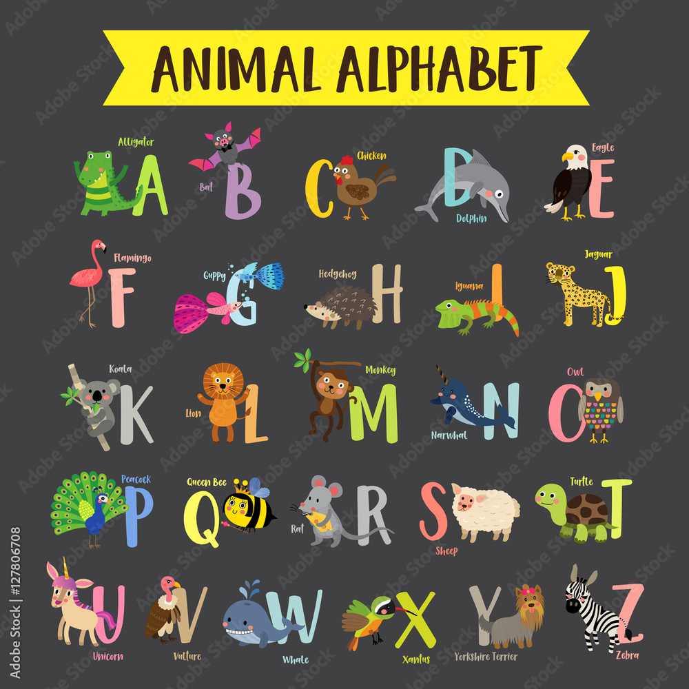 Cute colorful children zoo alphabet. Funny cartoon animal. Kids abc ...