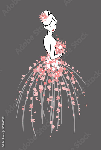 Art sketching of beautiful young bride with pink flowers. Vector illustration, on dark background.