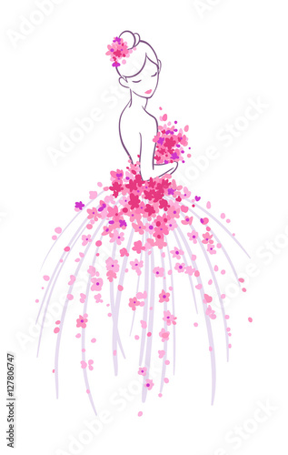 Art sketching of beautiful young bride with pink flowers. Vector illustration, isolated on white background.