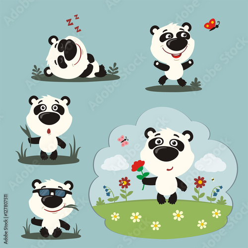 Fototapeta Naklejka Na Ścianę i Meble -  Vector set donkey bear in different poses on summer meadow with flowers. Collection panda bear in cartoon style.