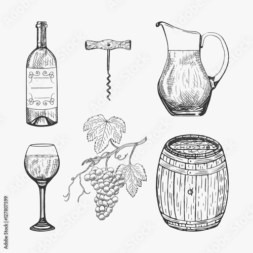 Creative sketch of wine elements. Vector illustration. Wine elements used for logo design, advertising wine, beverage in restaurant or bar menu.