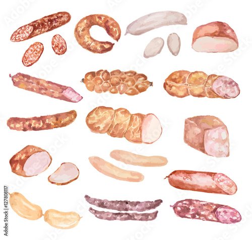 Watercolor sausages set. Delicious and nutricious food. Bacon, salami and more.