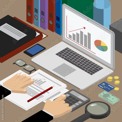 Finance and business. Analyst at the workplace checks reports. Workplace isometric