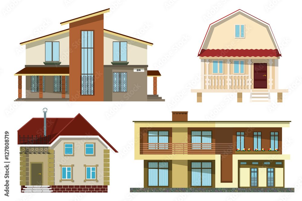 Set Cartoon  small cozy rural houses on a white background. Vect