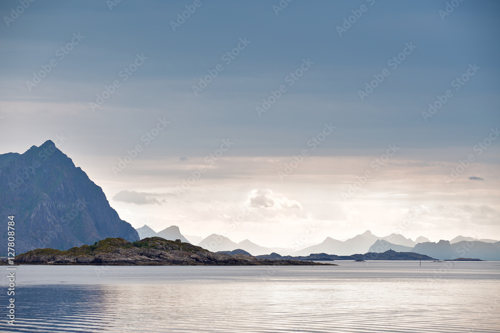 Norway fjord and islands. Cloudy Nordic day.