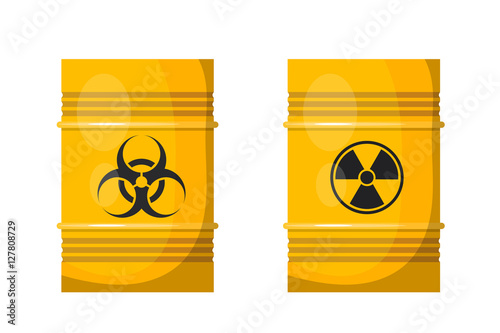 Vector illustration of two yellow metal barrels with black signs