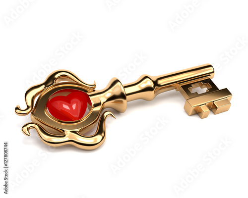Shiny golden Key old style with a stone in the shape of a heart