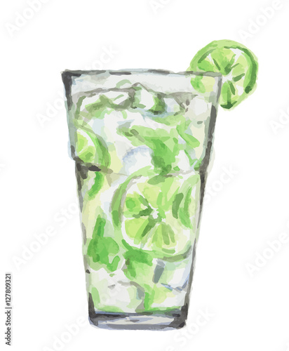 Isolated watercolor cocktail. Isolated glass with alcohol drink on white background. Ice cubes and lime. Mojito.