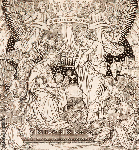 BRATISLAVA, SLOVAKIA, NOVEMBER - 21, 2016: The lithography of Nativity in Missale Romanum by unknown artist with the initials F.M.S from end of 19. cent. and printed by Typis Friderici Pustet. photo