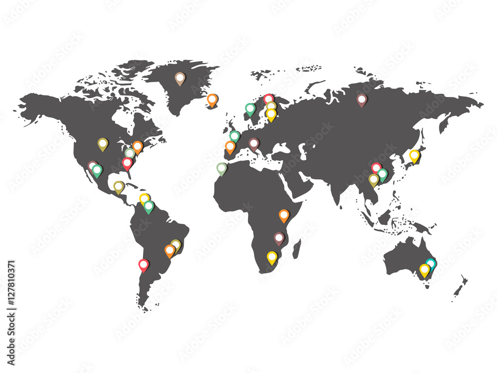 Gray map of the world with landmarksof different colors Gray map of the world with landmarksof different colors